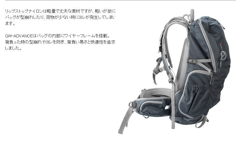 リップストップナイロンは軽量で丈夫な素材ですが、軽いが故にバッグが型崩れしたり、荷物が少ない時にヨレが発生してしまいます。GW-ADVANCEはバッグの内部にワイヤーフレームを搭載。背負った時の型崩れやヨレを防ぎ、背負い易さと快適性を追求しました。