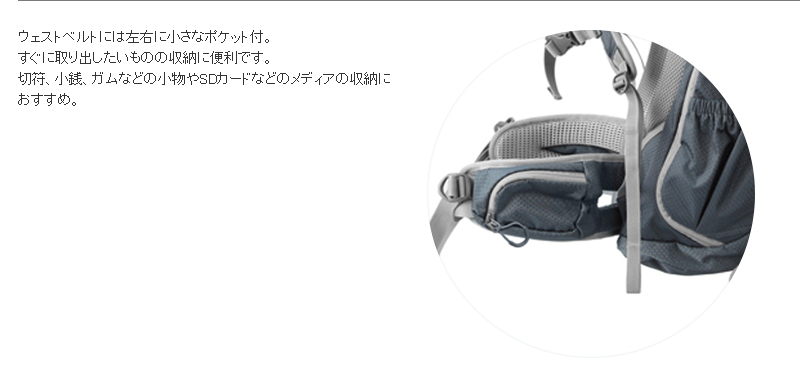 ウェストベルトには左右に小さなポケット付。すぐに取り出したいものの収納に便利です。切符、小銭、ガムなどの小物やSDカードなどのメディアの収納におすすめ。