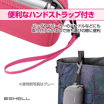 バッグやベビーカーにも取り付けられる便利なハンドストラップ付き