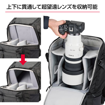 上下に貫通して長い望遠レンズを収納可能