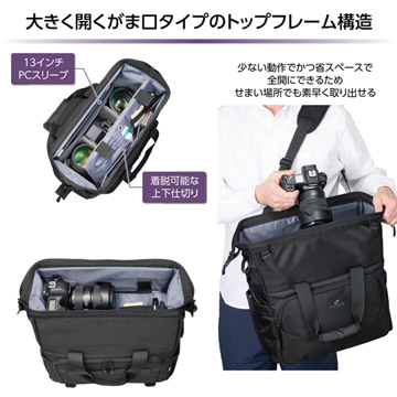 大きく開くがま口タイプのトップフレーム構造