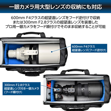 一眼カメラ用大型レンズの収納にも対応
