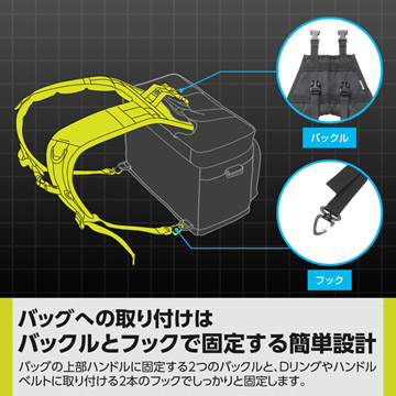 2つのバックルとフックでバッグにしっかりと固定