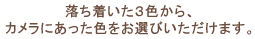 落ち着いた３色から、カメラにあった色をお選びいただけます。