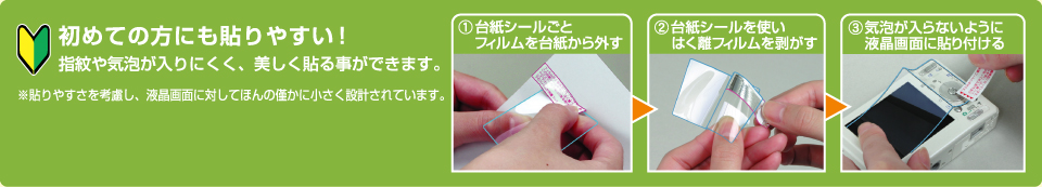 初めての方にんも貼りやすい！指紋や気泡が入りにくく、美しく貼る事ができます。（貼り方説明画像）